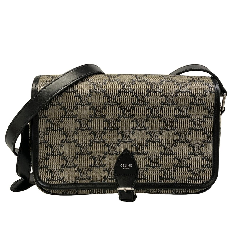 Celine Small Folco Messenger Shoulder Bag Beige Black Triomphe Canvas Leather